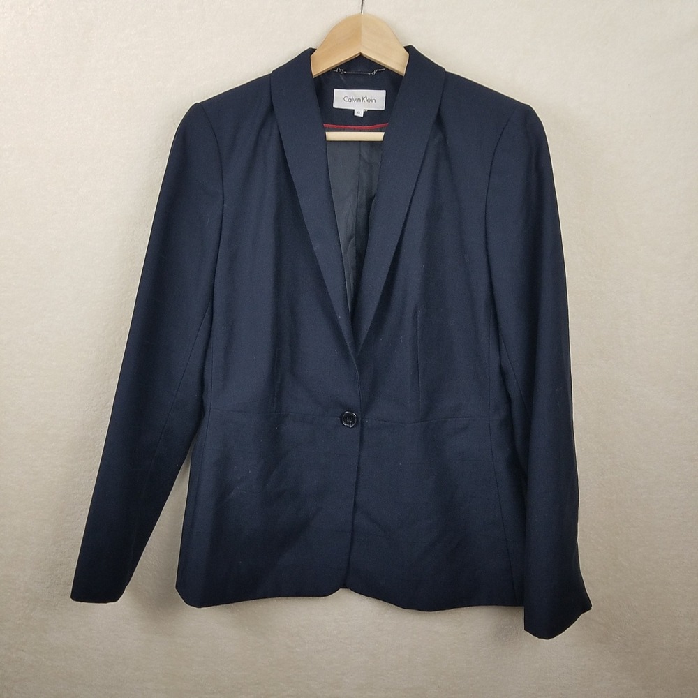 Calvin Klein Women's 8 Navy solid Blue Single Button Blazer weave plaid pattern